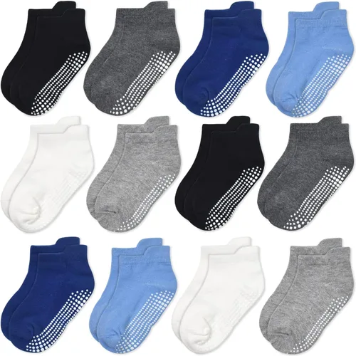 GRPSKCOS - Calcetines antideslizantes para niños pequeños de 12 pares, calcetines antideslizantes para tobillos para niñas y niños, calcetines de