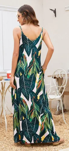 Miniatura 5 de Supnier - Vestido largo de verano para mujer, vestido flora, informal y bohemio con cuello en V, sin mangas, con tirantes delgados y bolsillos
