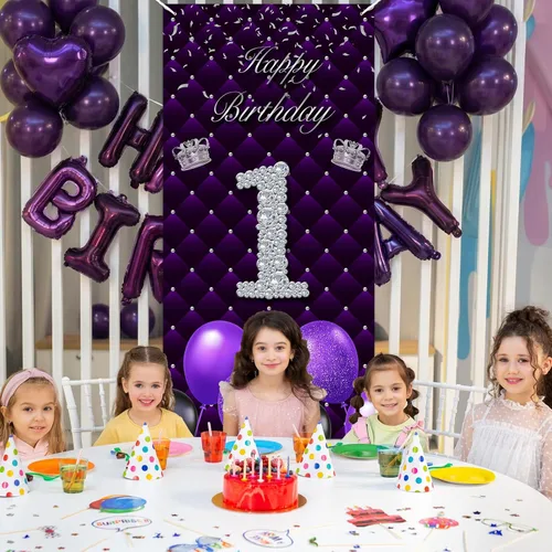 Miniatura 7 de Cartel morado de feliz primer cumpleaños telón de fondo para cabina de fotos, globos de corona plateada, decoración temática para niña, aniversario
