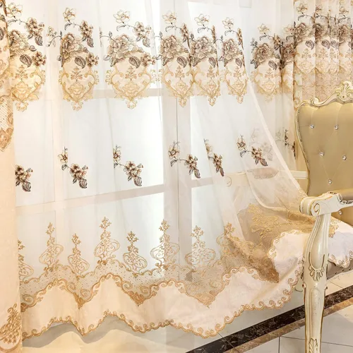 Miniatura 12 de ELKCA Cortina de Chenille Bordada Beige de Estilo Europeo para Sala de Estar, Elegantes Cortinas Florales de Chenille para Dormitorio, Parte