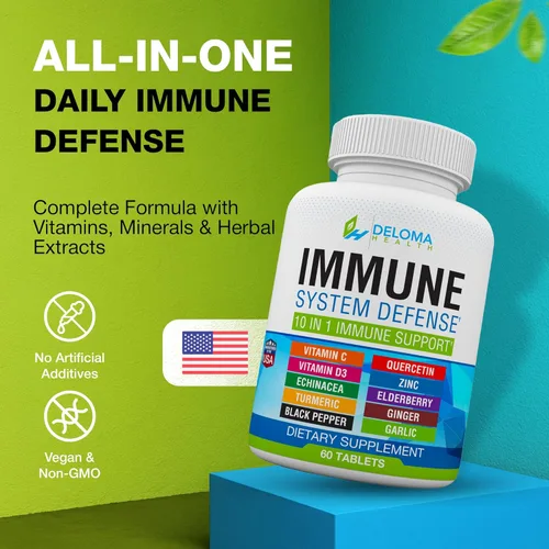 Miniatura 2 de Suplemento de apoyo del sistema inmunológico 10 en 1: vitamina C (1000 mg), quercetina, vitamina D3 (5000iu), zinc (40 mg), saúco, equinácea