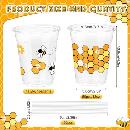 Miniatura 2 de Sliner 50 tazas de miel transparente, vasos desechables de 12 onzas con pajitas, recuerdos de fiesta temática de abejas para cocina, baby shower