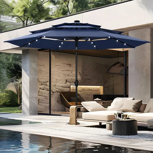Miniatura 8 de PHI VILLA - Sombrillas de patio de 9 pies con 24 luces LED solares, sombrilla iluminada para mesa de mercado al aire libre con 8 varillas de acero