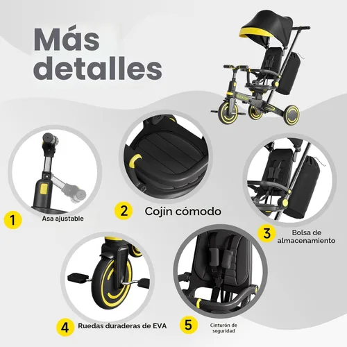 Miniatura 5 de WinHope Triciclo de empuje 9 en 1 para niños pequeños de 1 a 3 años, triciclo convertible para niños con asa de empuje y cinturón de seguridad, Negro