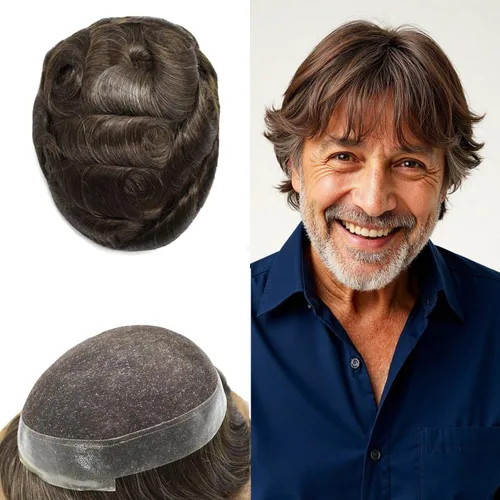 Miniatura 13 de Sistema de reemplazo de cabello de encaje francés para hombre, piezas de cabello de aspecto natural, color negro, marrón, rubio, gris, protesis