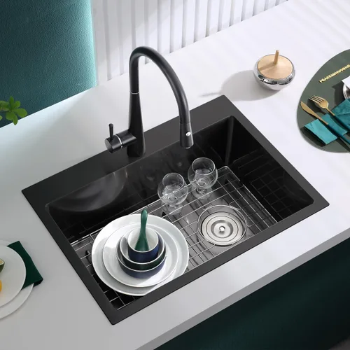 Miniatura 2 de Fregadero de cocina empotrable de 22 x 18 x 9 pulgadas, fregadero de acero inoxidable 304 negro hecho a mano, desagüe descentrado, esquina de radio