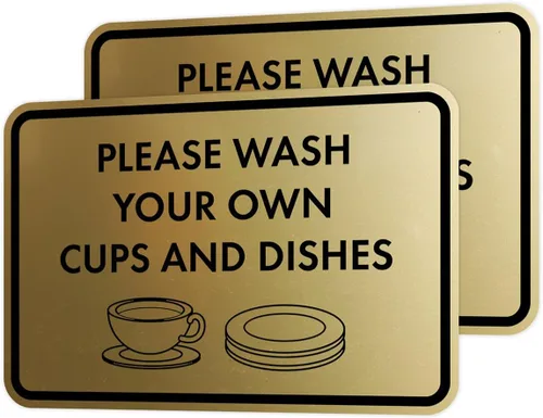 Miniatura 59 de Letrero clásico enmarcado con texto en inglés «Please Wash Your Own Cups and Dishes» (oro cepillado), pequeño