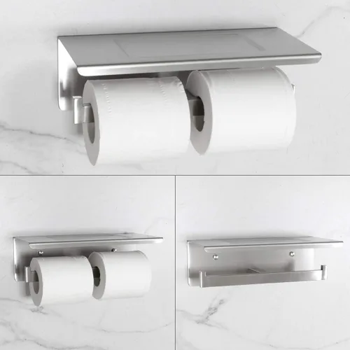Miniatura 2 de Soporte de papel higiénico de baño con estante, soporte de papel higiénico de doble rollo de acero inoxidable, montaje en pared doble para Cepillado