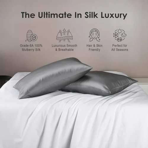 Miniatura 2 de Juego de 2 fundas de almohada de seda de morera pura, tamaño estándar con cremallera, grado 6A, 19 mommes, 600 hilos, suave, refrescante, agradable