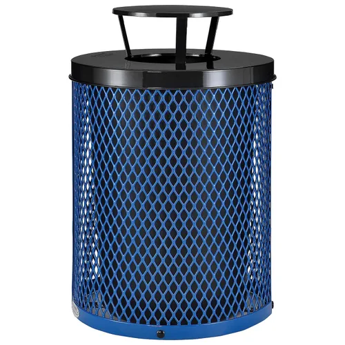 Global Industrial Bote de basura de acero de diamante para exteriores con tapa de capó de lluvia y forro de plástico, capacidad de 36 galones, azul,
