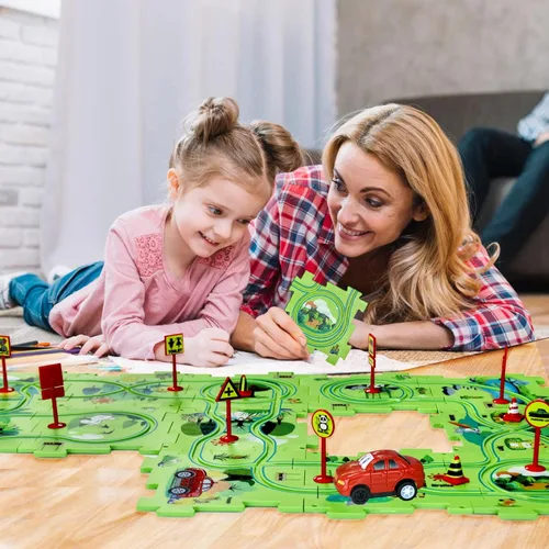 Miniatura 6 de Regalo de cumpleaños para niño de 4 años, Set de pista de autos de carreras con rompecabezas para niños, Set de pista de autos Puzzle Racer