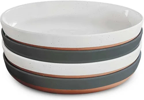 Miniatura 10 de MORA Juego de cuencos planos de cerámica para pasta de 4 a 35 onzas, platos aptos para microondas con borde alto, vajilla moderna de porcelana