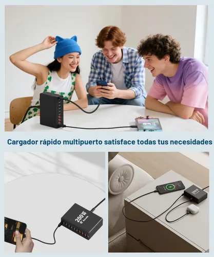 Miniatura 7 de Estación de carga USB C de 10 puertos con 4 cables USB, bloque de cargador GaN tipo C de 200W, adaptador de enchufe de regleta de alimentación