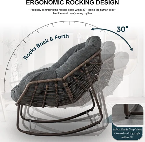 Miniatura 4 de Juego de 2 mecedoras para exteriores, silla mecedora de huevos de mimbre de gran tamaño, para interiores y exteriores, cómoda silla mecedora con Gris