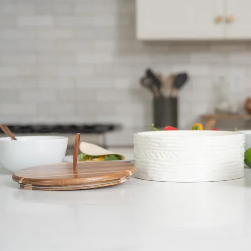 Miniatura 8 de Auténtico calentador de tortillas de madera y cerámica, soporte para tortillas con tapa, calentador de pan, soporte para panqueques, caja Roti, 8.5