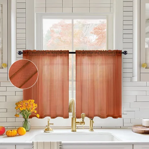 Miniatura 23 de MIULEE Cortinas semitransparentes 24 pulgadas de largo 2 paneles para ventana de cocina sobre el fregadero, cortinas cortas pequeñas de café