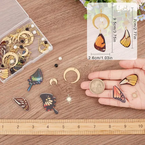 Miniatura 3 de SUNNYCLUE 1 caja, 10 pares de aretes de mariposa, kit de iniciación para hacer dijes, alas de primavera, dijes de estrella y luna, cuentas