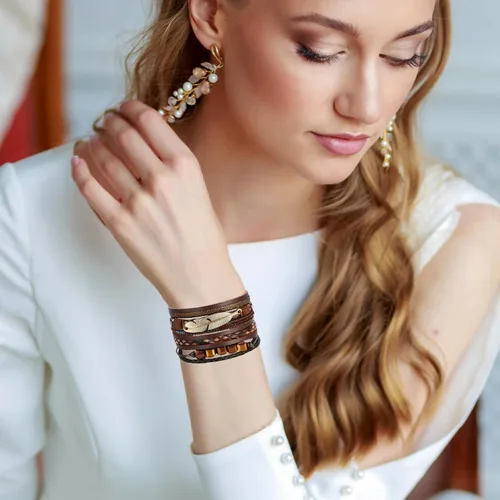 Miniatura 2 de Fesciory - Pulsera de leopardo para mujer, estilo bohemio de cuero multicapa con perlas de cristal