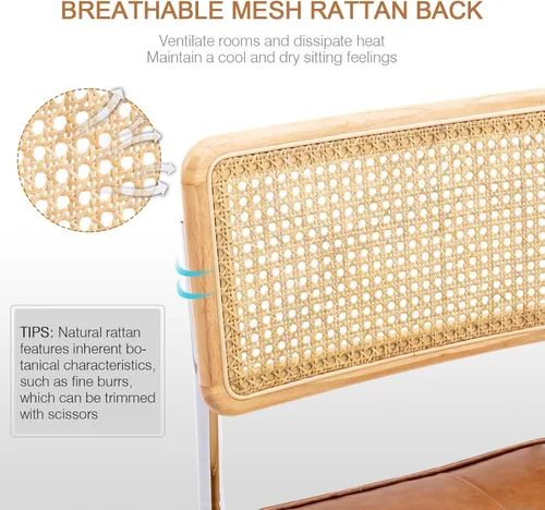 Miniatura 4 de Zesthouse Juego de 6 sillas de comedor de ratán natural, sillas modernas de comedor con respaldo de madera maciza para cocina y sala de estar, Cuero