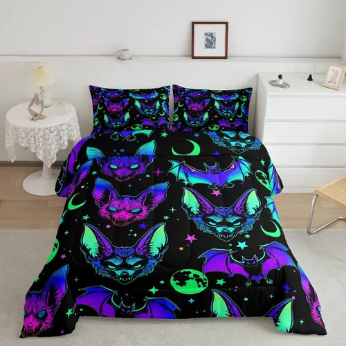 Miniatura 25 de Erosebridal Juego de ropa de cama de murciélago de Halloween, tamaño individual, juego de edredón de estrellas con purpurina y galaxia para niños