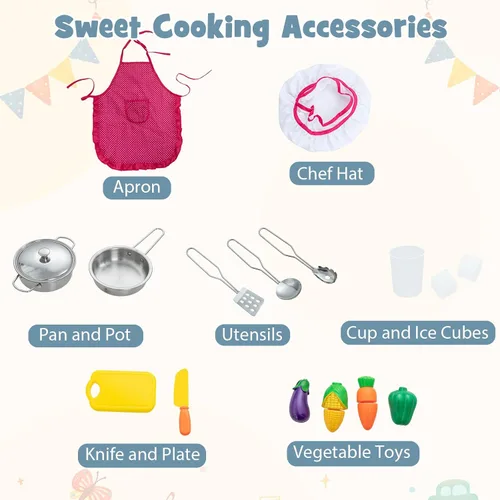 Miniatura 5 de Costzon Juego de cocina para niños, 2 piezas de juguete de cocina con luz, sonido, lavabo, microondas, pizarra, máquina de hielo, campana Blanco