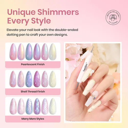Miniatura 3 de Beetles - Esmalte de uñas de gel perlado, 6 colores brillantes, blanco perla, rosado, morado, sirena, para usar con lámpara UV/LED, efecto de hilo