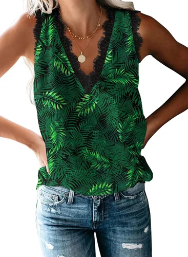 Miniatura 241 de VIISHOW - Camiseta sin mangas, sexy, con cuello en V y bordes de encaje para mujer, camisola de vestir, camisas de gasa, sin mangas, casuales