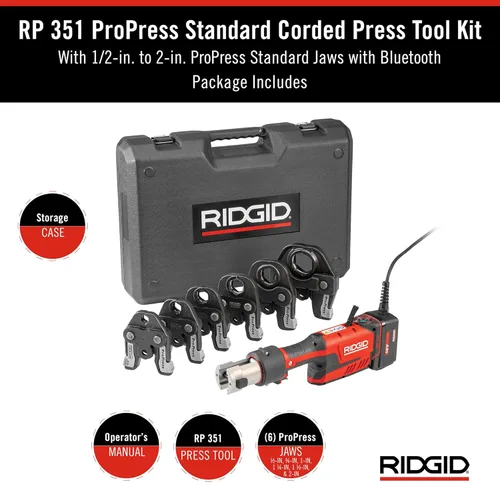 Miniatura 2 de RIDGID 67193 Modelo RP 351 Kit de herramienta de prensa ProPress estándar con cable con herramienta de prensa ProPress con cable, mandíbulas