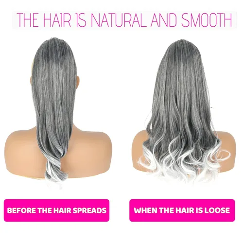 Miniatura 3 de Oseti Extensiones de cabello de cola de caballo gris con cordón para mujeres negras, 18 pulgadas, extensiones de cabello sintético rizado con clip
