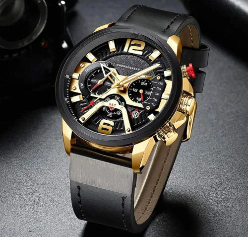 Miniatura 2 de Reloj de pulsera analógico de cuarzo para hombre, cronógrafo, impermeable, correa de cuero, correa de cuero, reloj de pulsera