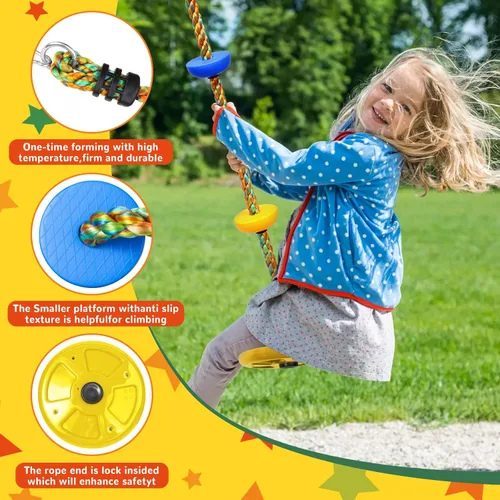 Miniatura 4 de Columpio de árbol para niños, juego de cuerda de escalada de asiento de un solo disco resistente con correa para colgar y mosquetones de plataforma