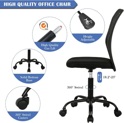 Miniatura 5 de Silla de oficina pequeña, silla de escritorio sin brazos con ruedas, silla ergonómica para computadora con soporte lumbar, silla giratoria de malla