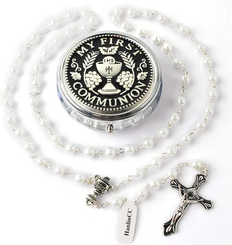 Miniatura 16 de HanlinCC - Rosario para primera comunión de 6 mm con centro de cáliz, perlas de cristal y crucifijo chapado en plata para niña, en caja de regalo