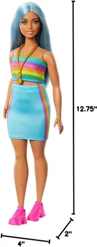 Miniatura 7 de Barbie Fashionistas - Muñeca #218 con cabello largo azul con parte superior extraíble de arcoíris y falda verde azulado, juguete coleccionable de 65