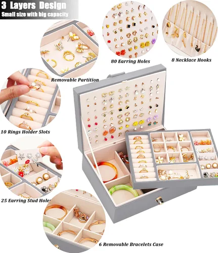 Miniatura 48 de Joyero de pendientes para mujeres y niñas, organizador de aretes de 5 capas, caja organizadora de joyas blanca con candado, collares y aretes