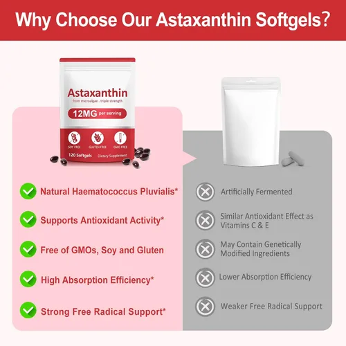 Miniatura 8 de Suplementos de astaxantina, astaxantina 12 mg, 120 cápsulas blandas antioxidante Astaxantina Suplemento para la salud ocular, piel, articulaciones e
