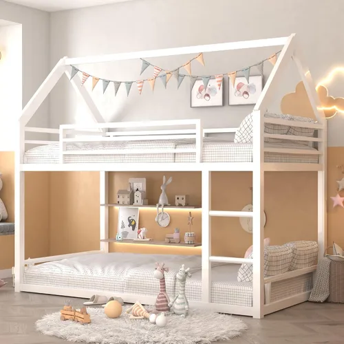 Miniatura 15 de Litera de cama individual sobre individual con tobogán, marco de cama en forma de casa con escalera, estructura de cama baja de servicio pesado