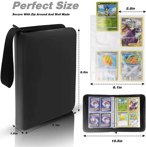 Miniatura 5 de Carpeta de tarjetas coleccionables de 4 bolsillos, 400 bolsillos para tarjetas de Pokémon con cremallera, 50 fundas compatible con tarjetas Negro