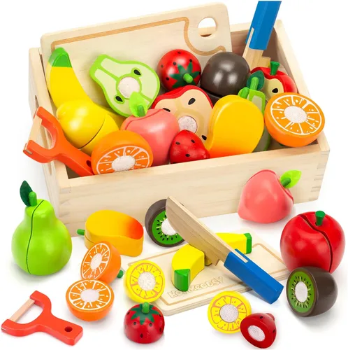 Juego de comida de madera para niños pequeños, juguetes de simulación, accesorios de cocina, juego de corte de frutas para niños, regalo para niños