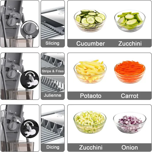 Miniatura 2 de Jonscook Recortadora de mandolina todo en 1 mejorada y segura para cocina, con espiralizador manual, picadora de alimentos con recipiente, picadora