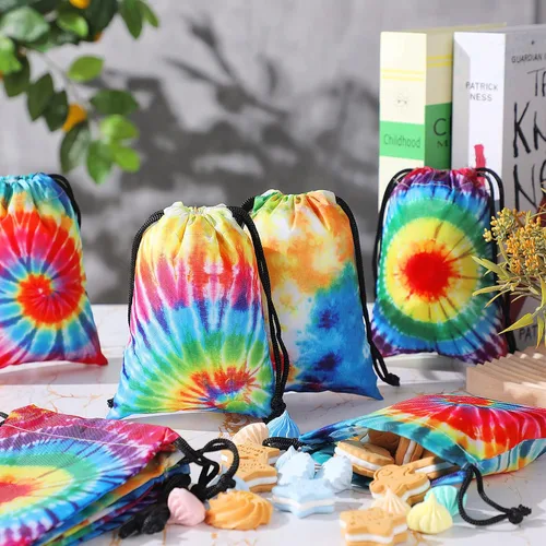 Miniatura 4 de 24 bolsas de 7 x 5 pulgadas con cordón de teñido anudado, bolsas reutilizables de poliéster coloridas para dulces para suministros de fiesta