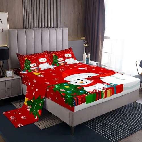 Miniatura 15 de Manfei juego de sábanas de Navidad tamaño completo, juego de ropa de cama con árbol de Navidad en forma de muñeco de nieve para la decoración