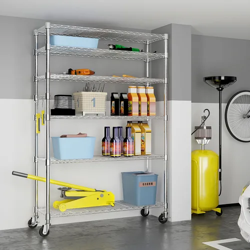 Miniatura 7 de Estantes de almacenamiento resistentes de 6 niveles - Estante de metal con estantes y ganchos ajustables - Estante de alambre comercial con patas