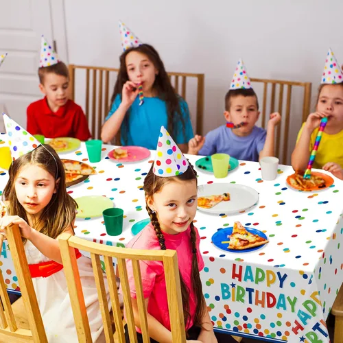 Miniatura 6 de Paquete de 3 manteles de plástico para decoración de cumpleaños, manteles desechables de lunares coloridos, mantel rectangular impermeable