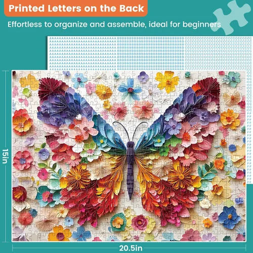Miniatura 4 de Rompecabezas de 500 piezas para adultos, colorido rompecabezas de flores de mariposa para adultos mayores, arte de papel de mariposa vívido