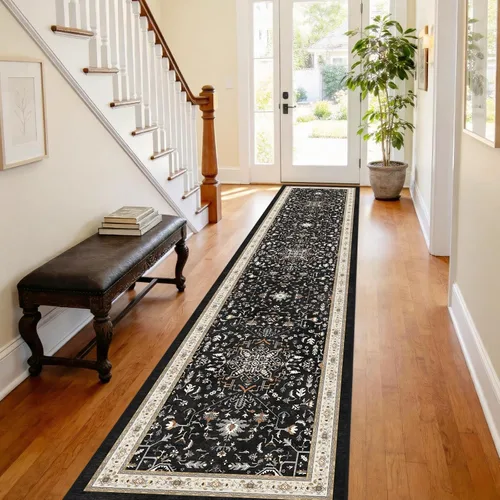 Miniatura 9 de nesrt Alfombra bohemia lavable de 2 x 10 pies, suave, antideslizante, extra larga, alfombra de cocina, color negro, vintage, geométrico, camino