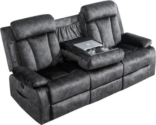 Miniatura 7 de Sofá reclinable eléctrico GUEAPY, sofá reclinable de 3 plazas con masaje y calor, mesa desplegable, puertos de carga USB y tipo C, portavasos, Gris