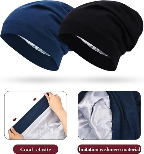Miniatura 2 de 4 Pieces Satin Lined Beanie Cap Satin Sleep Lined Hat Slouchy Beanie Hat Night Silk Hair Cap for Women Men