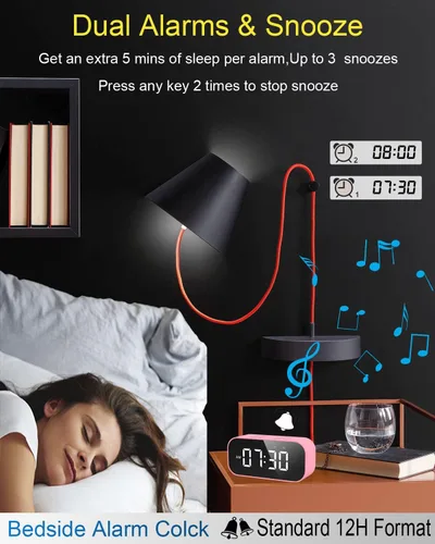 Miniatura 3 de AFK Reloj despertador con altavoz Bluetooth para dormitorio, pequeño reloj digital con doble alarma, repetición, pantalla LED de espejo para niñas