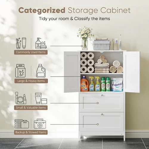 Miniatura 4 de ZenStyle Armario de almacenamiento de piso de baño, organizador de cocina con 2 cajones y 2 puertas, estante ajustable de 5 alturas independientes